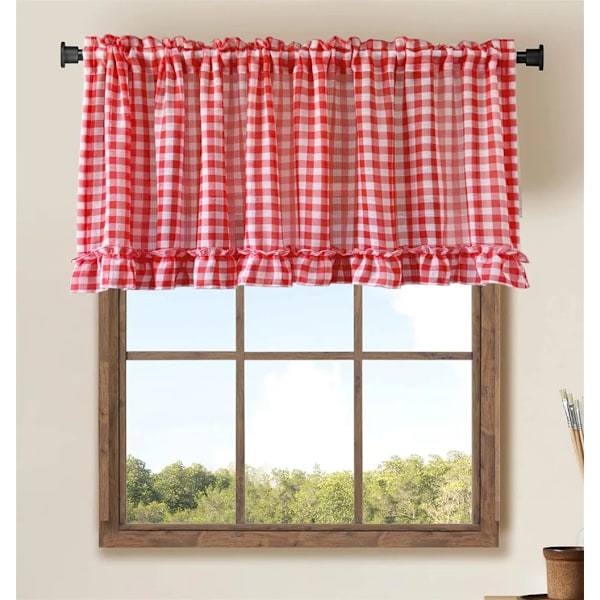 Klassiska röda volangkorta cafégardiner för kök sovrum genomskinlig voile valance små fönsterdraperier stångficka pumpa Red 1 Panel W140xH120cm