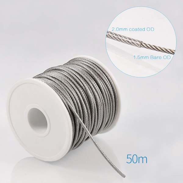 Sgym 56 st/set 50 meter stål PVC-belagd flexibel tråd rep mjuk kabel transparent rostfritt stål kläder diameter 2 mm 50m