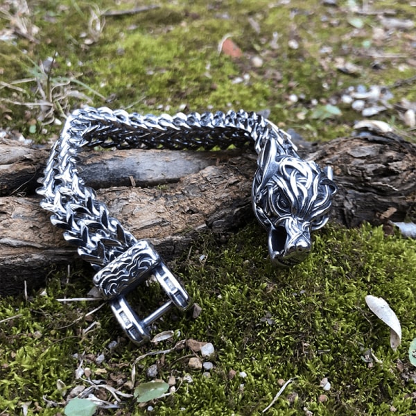 1st Colorfast Rock Viking Wolf Armband, Män Rostfritt Stål Mesh Chain, Open Wolf Mouth Punk Armband Biker Smycken Silvery 23cm