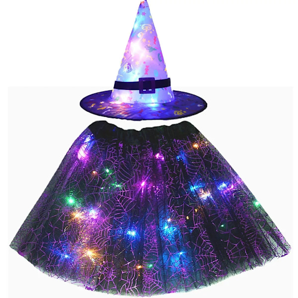 Kvinde Børn Pige Lysende Led Glow Lights Alv Heks Hat Stjerne Skjold Edderkop Web Troldmand Kostume Fest Gave Halloween Festivaler 12 for 2 - 8 years