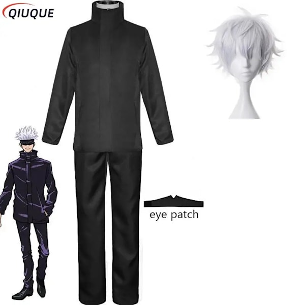 110-3Xl Svart / Blå Gojo Satoru Cosplay Kostym Ögon Patch Peruker Glasögon Anime Halloween Party Män Barn Uniformer Black Package 3 Kids 120CM