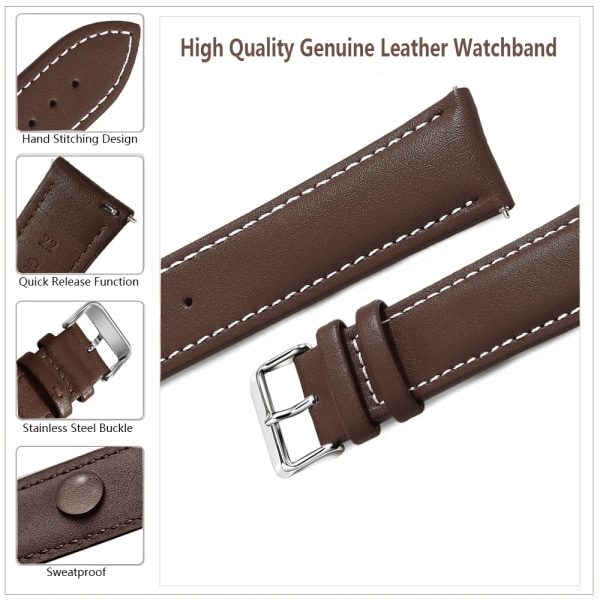 Top Grain äkta läder watch , Quick Release 18mm/20mm/22mm watch , Passar Samsung Galaxy Watch, Garmin Huawei Watch Red Silver