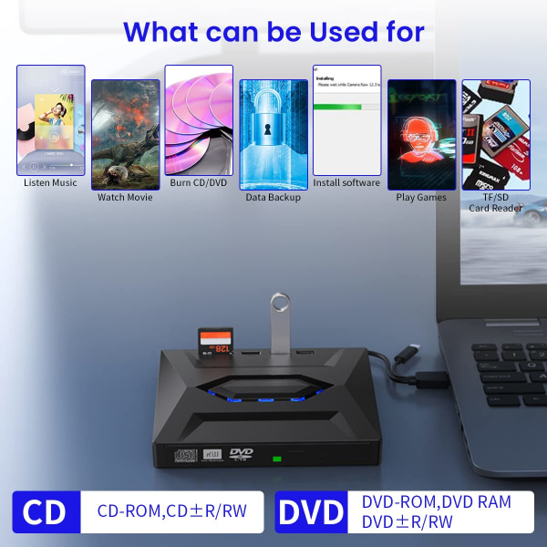Extern DVD-enhet för bärbar dator USB 3.0 Type-C Bärbar CD/DVD Optical Drive Player Writer CD-brännare med 2 USB 3.0-portar, Type C-port SD-kortläsare Black