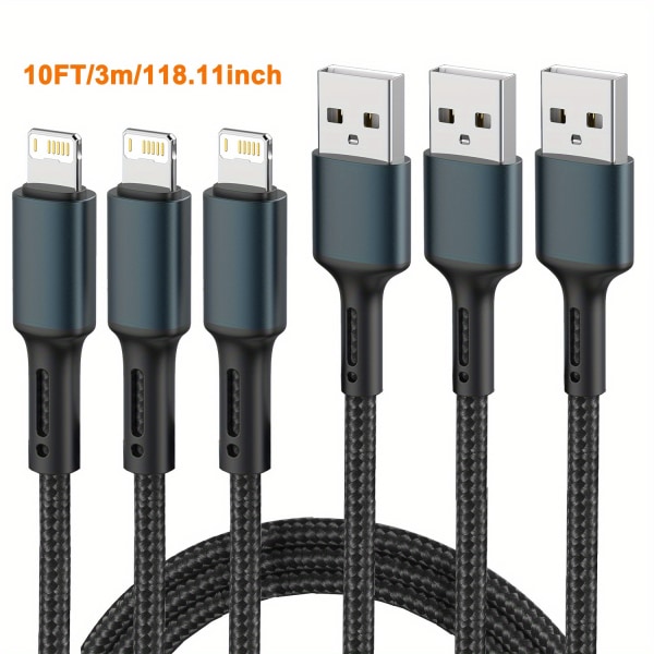 3-pack 10FT 3A Snabbladdning USB laddarkabel för IPhone 14 13 12 11 Pro Max XS X XR 8 7 6 6s Plus SE IPad Mini Datasladd Lång tråd Black