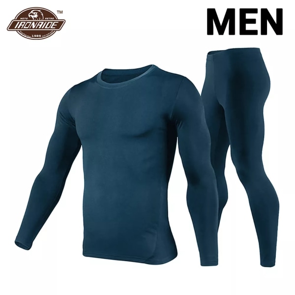 Fleecefodrade thermal set för män Motorcykel Skidåkning Baslager Vinter Varma Långa Johns skjortor & toppar Nederdel kostym Men Blue L