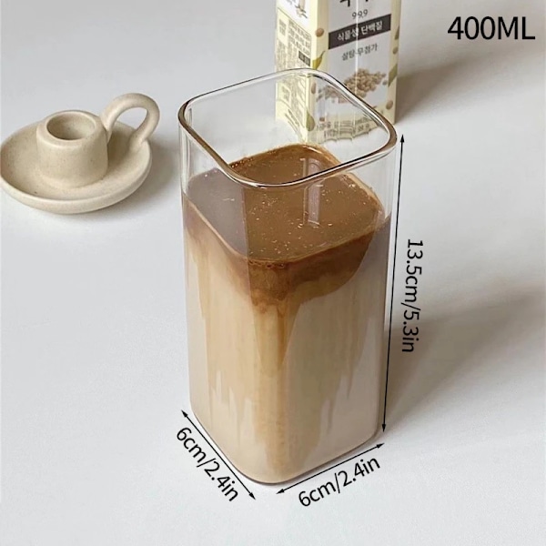 400 ml Kvadratisk Värmebeständig Kaffe Glaskopp Med Lock Och Sugrör Transparent Mjölk Te Juice Kopp Kaffe Mugg För Hem Bar Dryckesglas S3 301-400ml