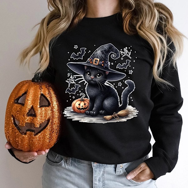 Rolig Halloween Svart Katt Pumpa Bat Print Sweatshirt För Kvinnor Kreativ Höst Och Vinter O Hals Hoodless Pullover La La La Nackes Överst black XS