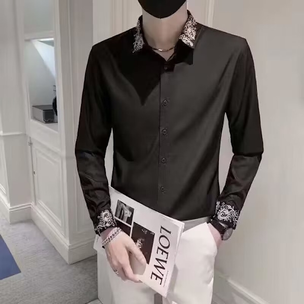 Våren Och Hösten Broderade Svarta Skjorta Mäns Lång Ärm Hög Grad Ruan Handsome Casual Skjorta High-End Mode Märkere Slim Topp Black XXL