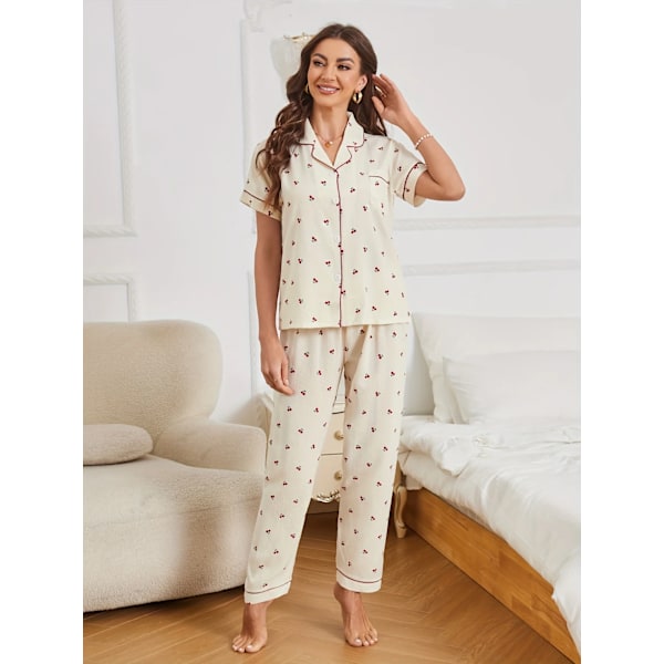 Kirsebær Print Tekstureret Pyjamas Sæt Casual Korte Ærmer Knap Lukning Lapel Top & Elastiske Bukser Kvinder Sleepwear Beige L