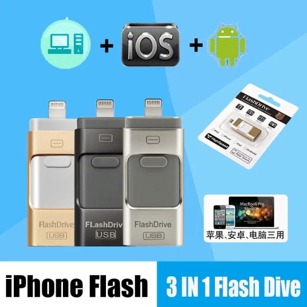 Flash USB ihone X/7/7 lus/6/6 s/5/iad OTG sv Drive HD-hårddisk 8GB 16GB 32GB 64GB 128GB 256GB endrive USB 3.0 Gold 256GB