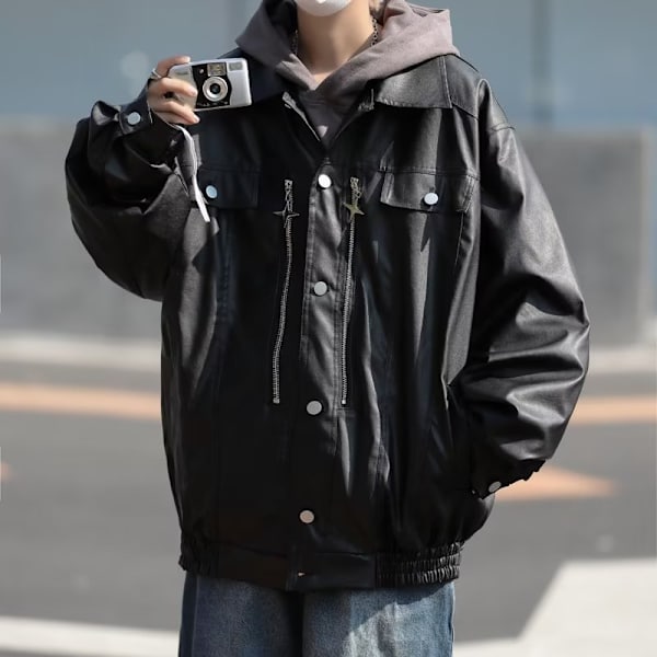 Amerikansk Retro Læderjakke Mænd Forår Og Efterår Stilig Mode Mærke Casual Løs Pu Læder Polo Krave Jakke Efterår Og Efterår. Vinter Black L