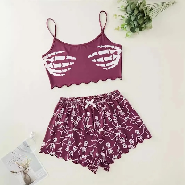 Kvinnors Pyjamas Set Skelett Skriv Ut Camisole Shorts Pyjama Kvinnlig Sexiga Sömnlösa Gröda Elastisk Sömn Tjocklek PURPLE XL