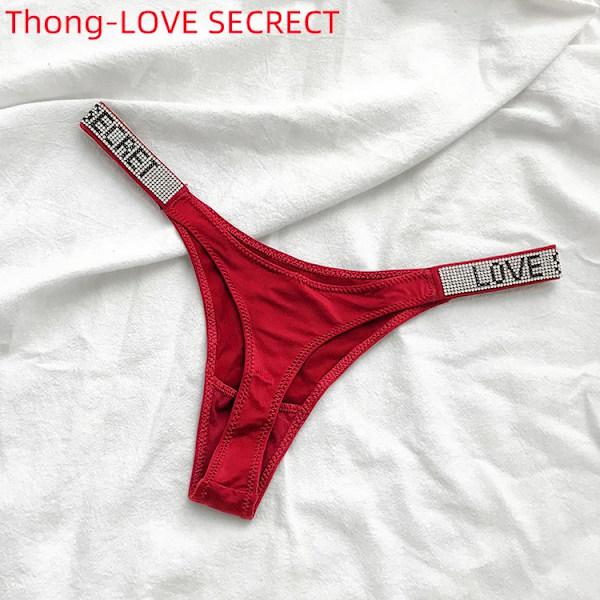 Sexiga Kvinnor Trosa Kristall Strass Brev Hemliga Underkläder Fitness Gym Kärlek Stringtrosor Låg Rise Tanga Kvinnlig Push Up Underkläder Thong-Red L