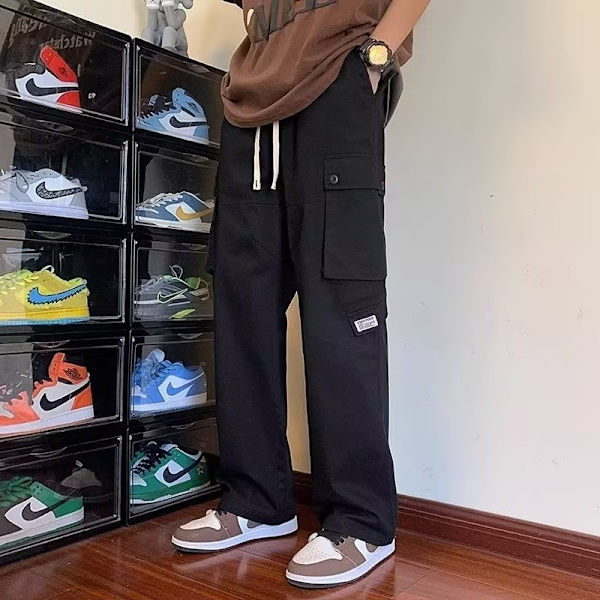 Amerikansk stil Multi-Pocket Rak Lastbyxor Mäns Våren Och Hösten Mode Märken Lös Funktionell Bred Ben Design Sense Re Casual Byxor Green M