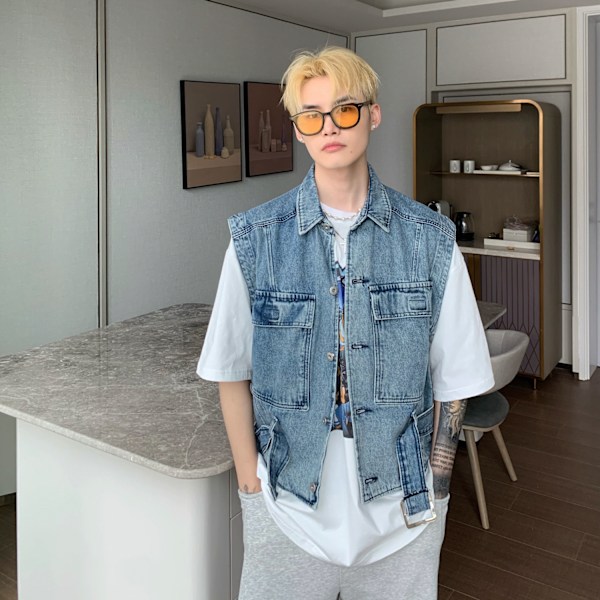 Mode Mærke Casual Slim-Fit Lomme Ærmeløs Denim Vest Mænds Koreansk Stil Trendy Rock Sommer 2021Ny Blue S