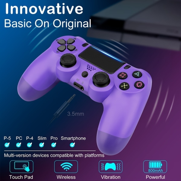 För PS4 trådlös handkontroll för Playstation 4/PC/Steam//IOS/Android med dubbla motorer, exakt styrspak, stort inbyggt batteri, 3,5 mm stereo （lila） Purple