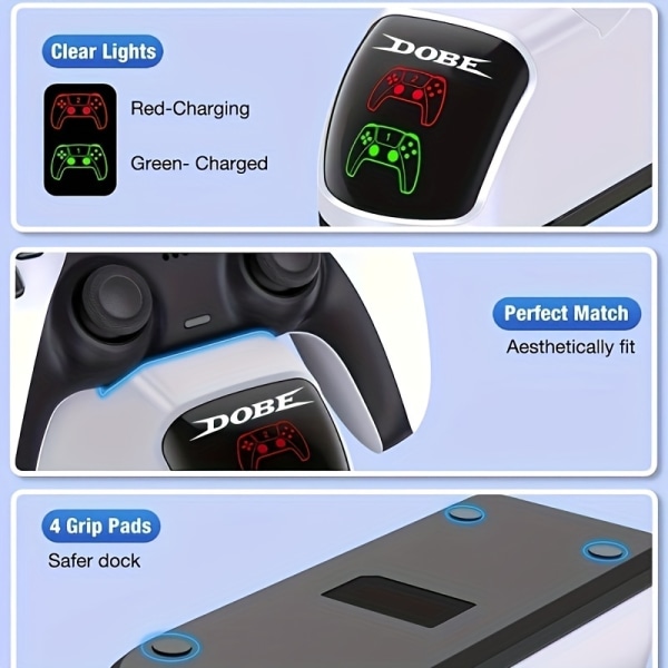 Dubbelkontrollladdare för PS5, USB Snabbladdning Dubbelkontrollladdare för PS4 Controller Speltillbehör med LED-indikator White