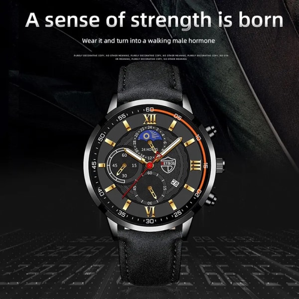 2ST Set Mode Herr Sportklockor Man Business Läderarmband Quartz Watch Lyx Herr Casual Luminous Clock Reloj Hombre Black Black