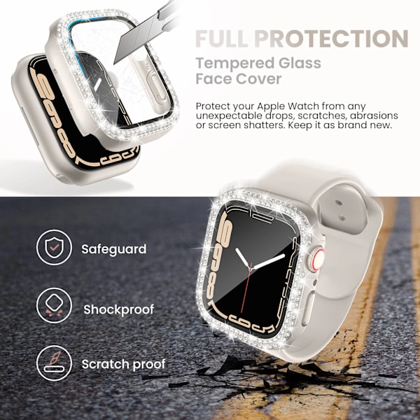 Glas+Diamant Cover til Apple Watch-kasse 40mm 44mm 41mm 45mm 38mm 42mm Bling Bumper Beskytter iWatch serie 9 3 5 6 7 8 se etui clean 40mm series 654 SE