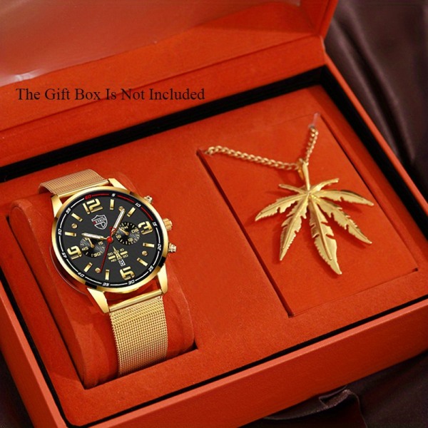 2st/ set, Herrmode Business Mesh Bälteskalender Quartz Watch & Halsband Set, Present till far och pojke Black&Black