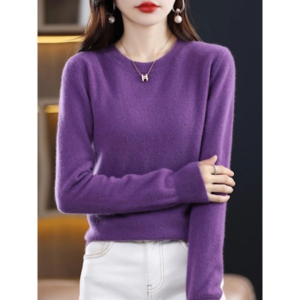 100% Merinoulltröja Kvinnor Kasmirstickad Pullover Höst Vinter Rundhalsad Enfärgad Fashion Basic Kvinna E Kläder Topp Lavender M