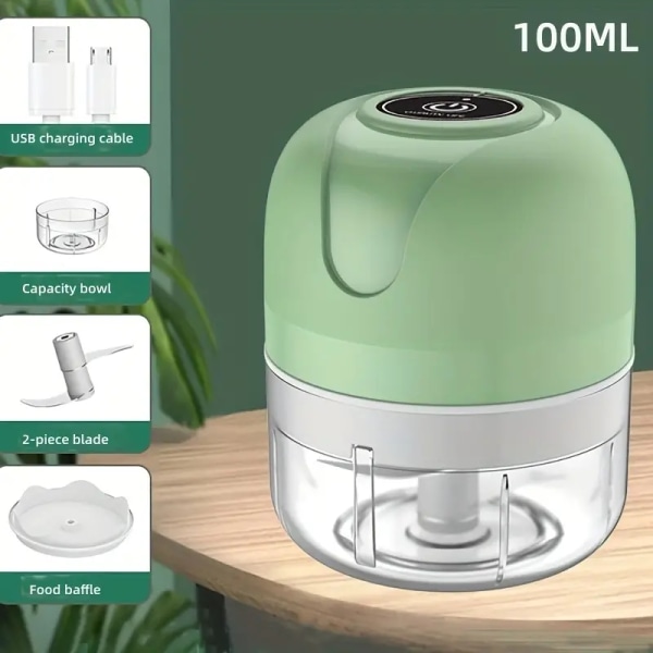 1st, mini grönsaksskärare, elektrisk vitlöksstötare, multifunktionell vitlöksstötare, USB laddningsvitlökskvarn, vitlökskross, grönsakshackare Green 100ML