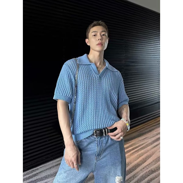 Sommer Mænd Strikket Short-Slem Polo Koreansk Slim Fit Ren Farve Ice Silk Casual Polo Krave Halv T-Shirt Basskjort Blue M