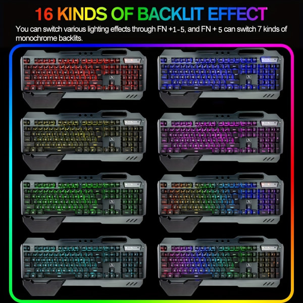 Trådlöst speltangentbord & mus & headset & musmatta set , 16 RGB bakgrundsbelyst uppladdningsbart tangentbord med handledsstöd White RGB