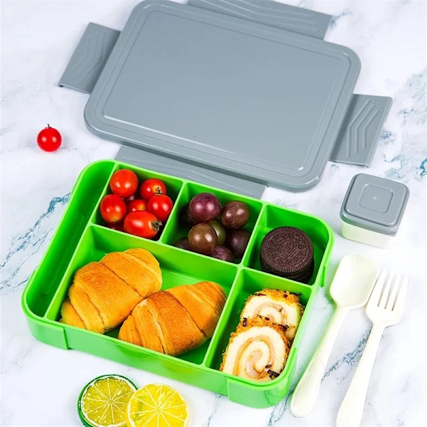 1330ML Frokostboks Voksen Bento Bokse Madbeholdere med 6 Rum og Bestik Til Snack Arbejde Skole Mikroovn Opvarmning Grey and Green 5