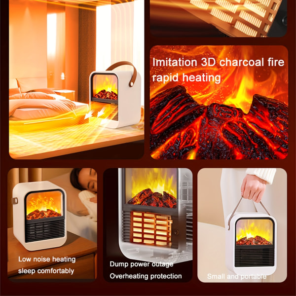 Elektriska eldstadsvärmare för inomhusbruk, liten värmare med värme och fläktlägen Rymdvärmare Öppen spis med realistisk flamma & eld sprakande ljud White