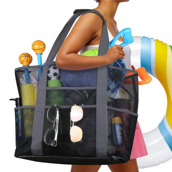 8 fickor sommar stor strandväska för handdukar nät hållbar resehandväska leksaksorganisatör vattentät underkläder simförvaringsväska B-42x22x40cm G-Black