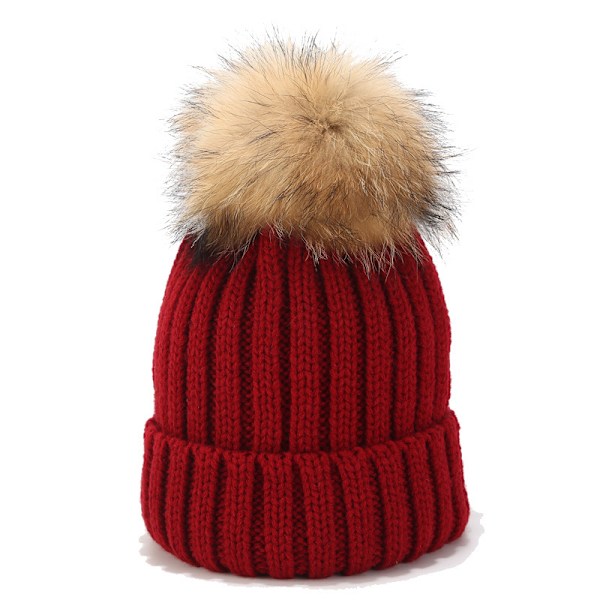 Ins New Big Fur Ball Hat Män Och Kvinnor Höst Och Vinter Utomhus Allt-Matcher Raccoon Riktiga Fur Ball Stickade Hat Varm Förälder-Chi Ld Hatt Leather Pink Adult (56-60Cm)