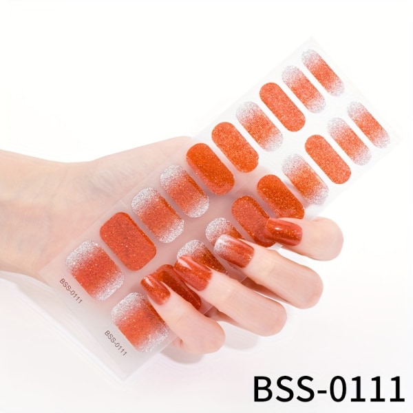 Halvhärdade Gel Nail Stirps, Långvarig & Salongkvalitet, Lätt att applicera och ta bort, Inkluderar nagelfil och träpinnar, Gradient och Glitter Design BSS-0111 Glitter Orange