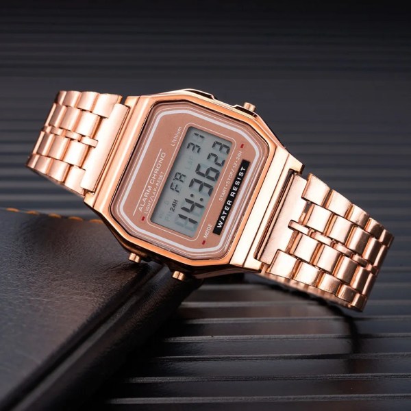 Watch Män Digital Led Mode Lyx Rostfritt stål Fyrkantigt Armbandsur Elektroniska Damklockor Manklocka Reloj Hombre Rose Gold