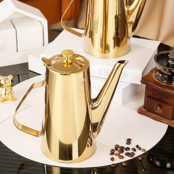 1 st, gyllene kaffekanna i europeisk stil - förtjockad kallvattenkokare i rostfritt stål för eftermiddagste och kaffe - Vacker blomsterdesign - hållbar Golden