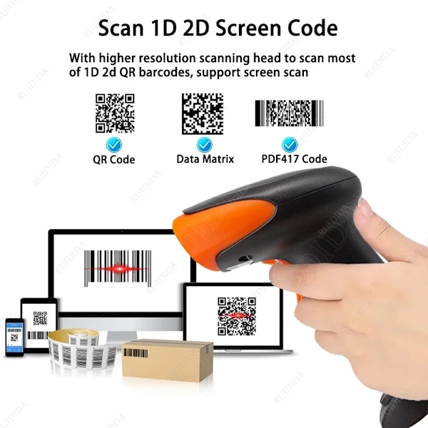 1D 2D håndholdt stregkodescanner med holder QR-kode læser PDF417 Bluetooth 2.4G trådløs eller kablet stregkodescanner med stativ Bluetooth