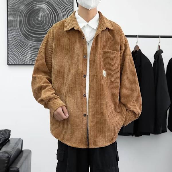 Vaffel Langærmet Skjorte Herre Efterår Og Vinter Japansk Trendy Arbejdstøj Skjorte Fløjl Vatteret Løs Plus Size Manchesterjakke Khaki XL