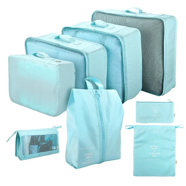 8/7/6 Dele Sæt Rejse Organizer Opbevaringsposer Kuffert Pakning Kuber Sæt Etuier Bærbar Foldbar Bagage Tøj Sko Tidy Pose 8Pcs Light Blue