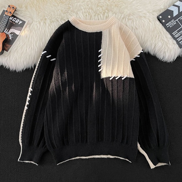 Kaffe Brun Stitching Trøje Mænd Efterår Og Vinter Nye Amerikanske Vintage Trøje Trendy Pullover Crew Hals Rock Mænds Tøj Apricot XXXL