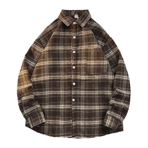 Hong Kong Style Plaid Tröja Mäns Höst Och Vinter Snygg Lång Ärm Skjorta Mode Trendy Märke Japanska Style Inre Wer Vår Och Höst Rock Nytt Brown XL