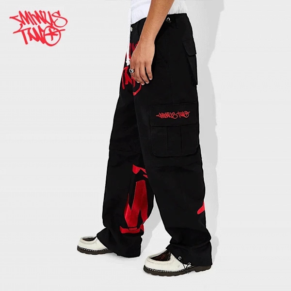 Minus Två Y2k Fashion Gata Pant Svarta Flera Fickor Lastbyxor Män Kvinnor Hög Midja Rak Joggers Baggy Sport Byxor S black purple XL