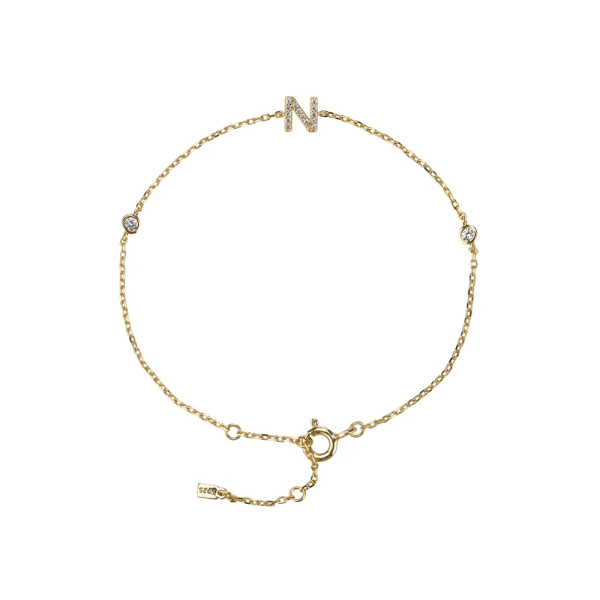 925 Sterling Silver Initial 26 Bokstäver Alfabetet Monogram Guld Namn Armband Kristall CZ Zirkon 2021 Fashionable Smycken N   GOLD 18cm