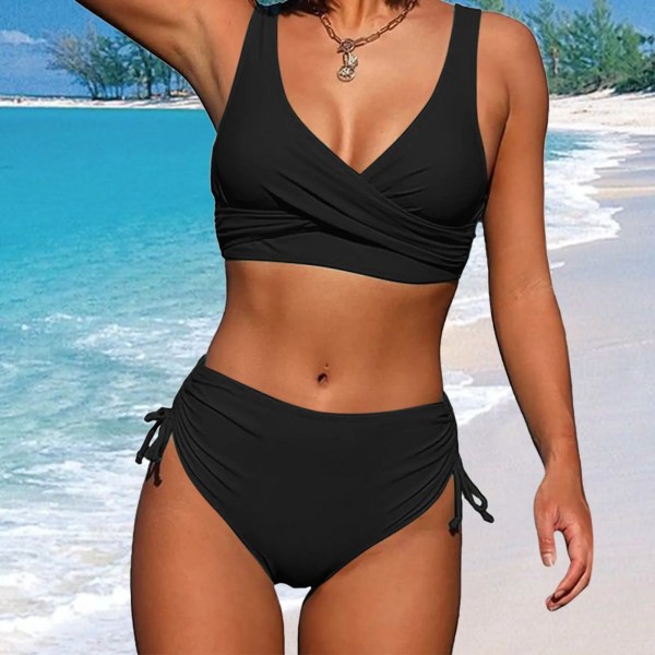 2024 Kvinna Nytt delad omlott snörning brasiliansk bikini Solid Sexig Bikiniset med hög midja Set Baddräkt Strandkläder Black XL