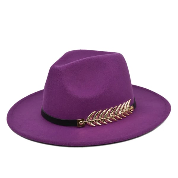 Höst och vinter Trendig enkel ullfilt hatt med stor brätte män och kvinnor ullkedjehatt brittisk stil klassisk retro jazzhatt 1st Purple 1 56/57