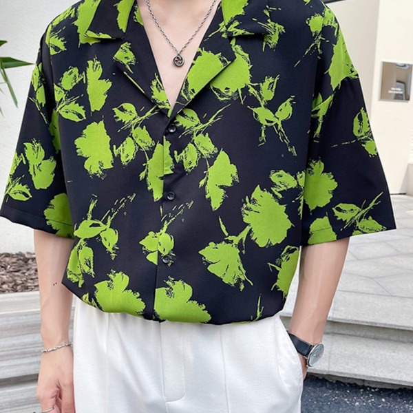 Kubansk Krage Ice Silk Tryckt Tröja Mäns Kort Ärm Sommar Fashion Märke Gant Hawaiian Halv Ärm Skjjorta 2024 Nytt Mode Green XXXL