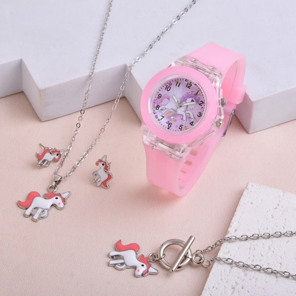 5 st Girls Cute Unicorn Luminous Quartz Watch & Armband & Halsband & Örhängen, set för barn Pink