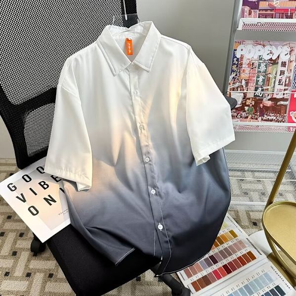 2024 Retro Skjorta Herr Sommar Hong Kong Stil Student Lös Nisch Design Roliga Nya Herrkläder Toppar Ytterkläder Blue L