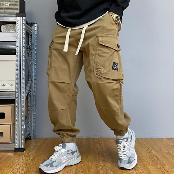 Hösten Amerikanska Casual Handsome Khaki Multi-Pocket Cargo Byxor Mäns Lös Dragsnöre Ankel Band Byxor Trendig Våren Och Sommare Khaki XXXL