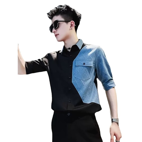 Kesä Les Handsome T Pieni Koko Slim-Fitterande Patchwork Lyhythihainen Paidan Trendikäs Miehet Lyhyt Opiskelija Cool Ja Villi Paidan Rock White XL