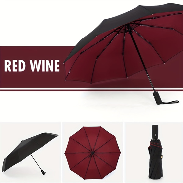 Super stort och robust antistorm tiobensförstorat paraply hopfällbart paraply för män och kvinnor Burgundy